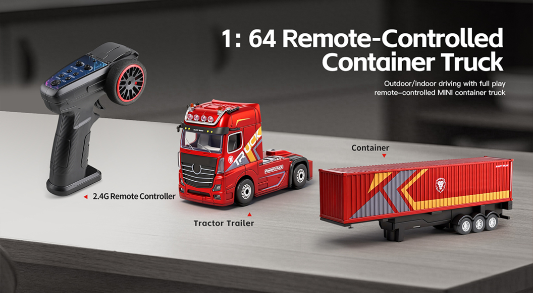 1/64 Scale 2.4GHz 4WD RC Container Truck RTR – Proportional Steering, Independent Trailer Control, 3-Gear Modes, Cruise Function, Lifting Support Legs, Light & Sound Effects 