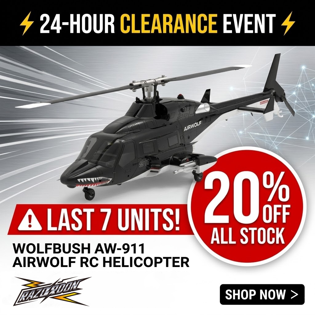 WOLFBUSH AW-911 Airwolf 1/34 Scale 2.4G 9CH Flybarless RC Helicopter Model with 6G/3D Stunt Mode and GPS Positioning (RTF Version/ Mode 1/Mode 2 Switchable) 