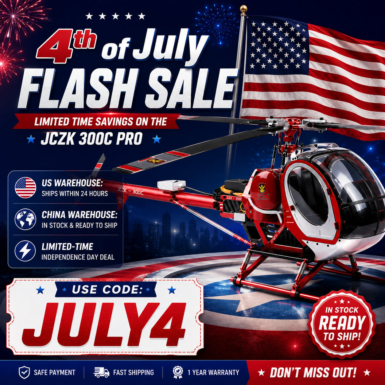 JCZK 300C PRO 2.4G 3-Blade Flybarless Alloy Realistic Schweizer RC Helicopter Model with H1 PRO Flight Controller, GPS Positioning, Auto-Hover & One-Key Return(RTF Version) 